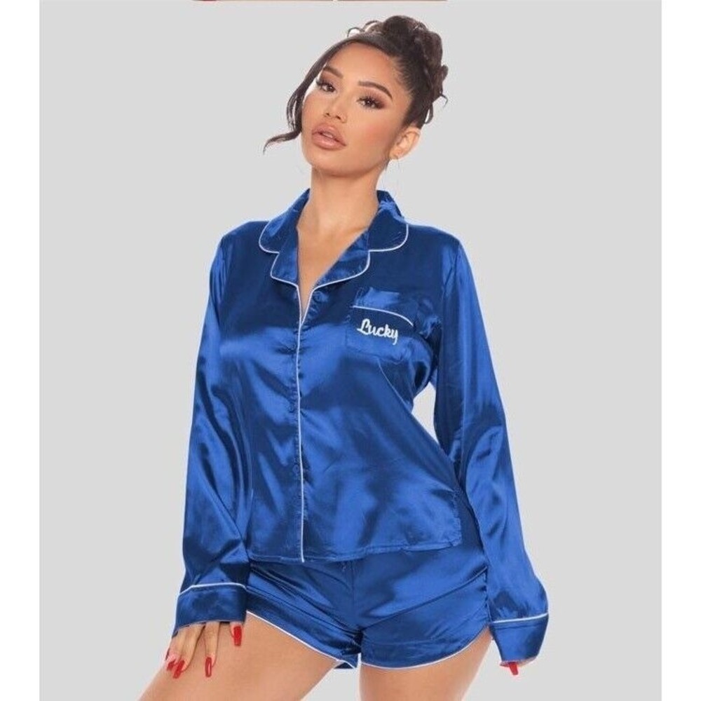 Lucky Brand Women's Satin Pajama Set Long Sleeve Button Front Sleepwear